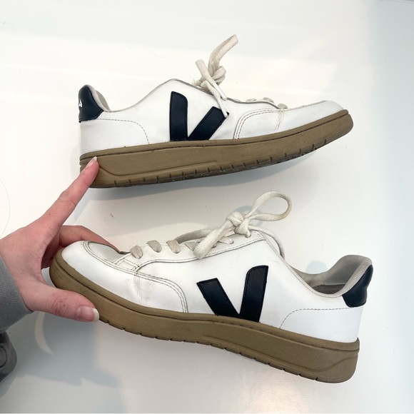 Veja V-12 White and Black Leather Dune Tie Lace Up Court Shoes Sneakers Size 7 - Picture 9 of 11